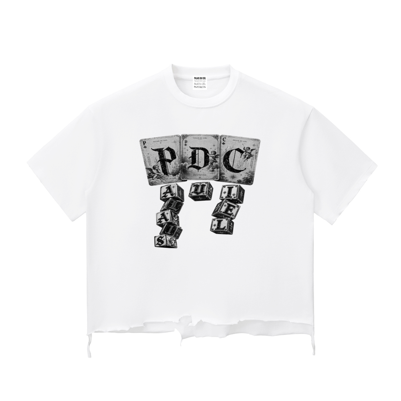 PLAY YOUR PALAIS DU CIEL CARDS RIGHT BOXY DISTRESSED T-SHIRT