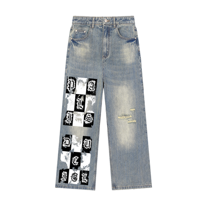 ACID WASH CHECKERBOARD VINTAGE DENIM JEANS