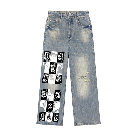 A ACID WASH CHECKERBOARD / PALAIS DU CIEL VINTAGE DENIM JEANS