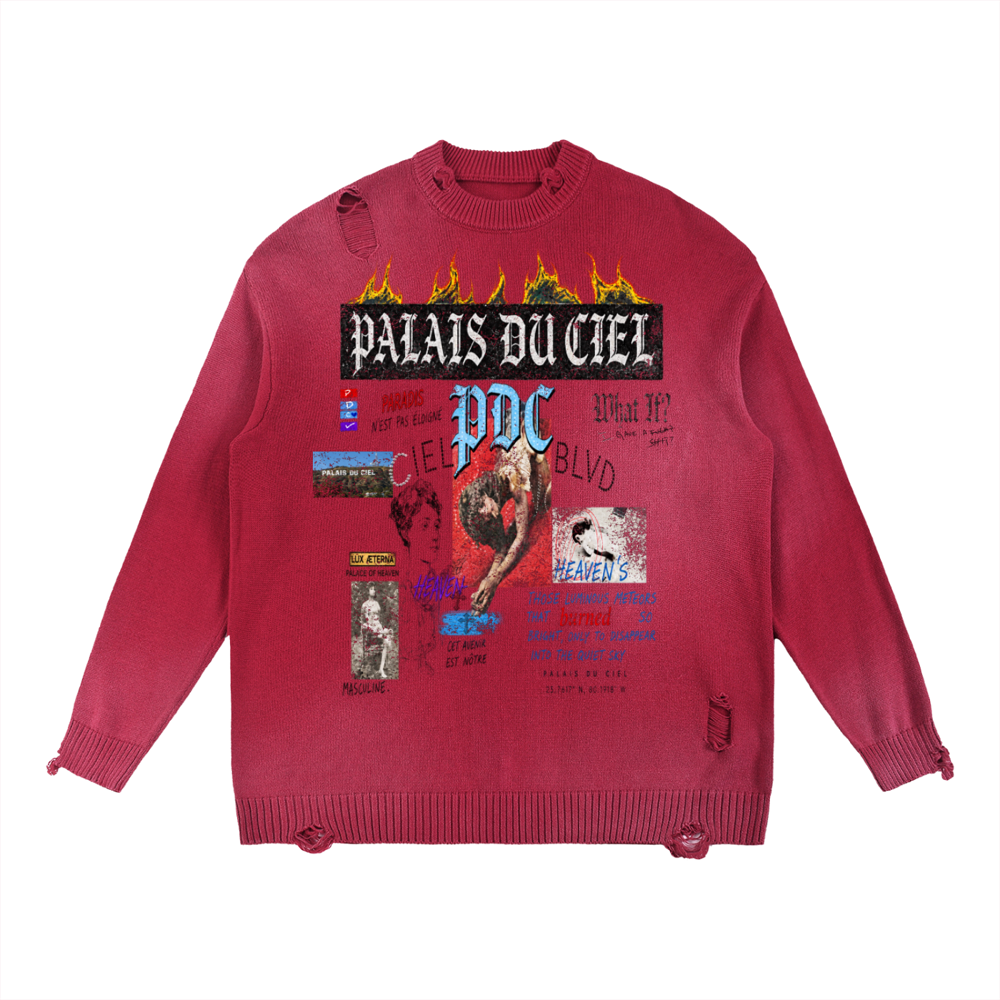 PALACE OF HEAVEN RIPPED CREWNECK SWEATER