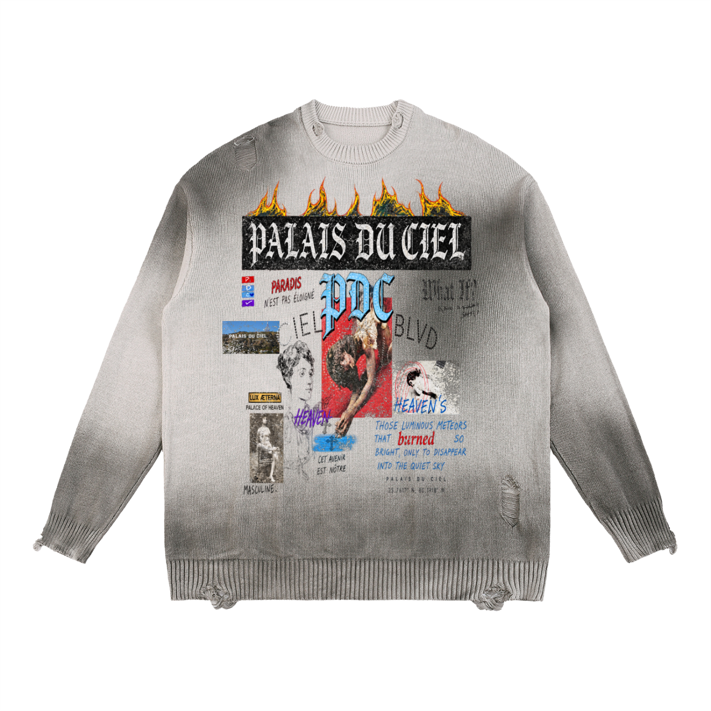 PALACE OF HEAVEN RIPPED CREWNECK SWEATER