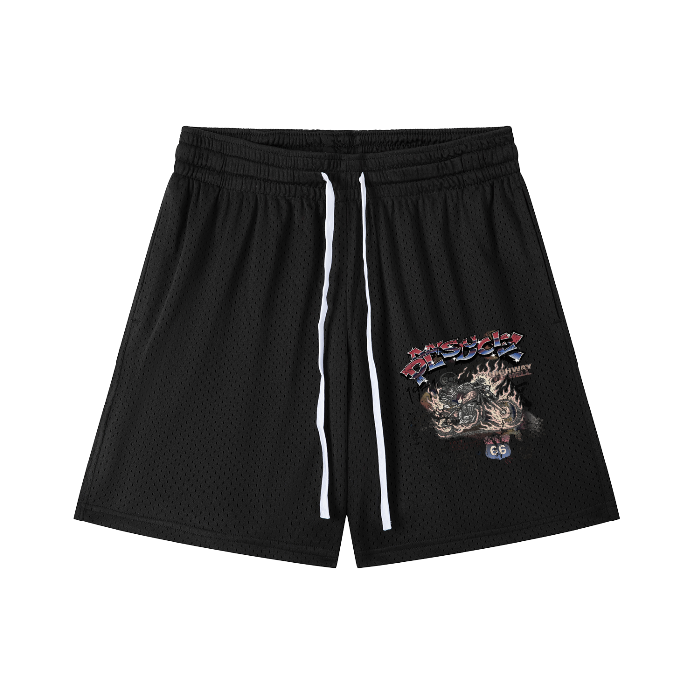 A BLAZING SKELETON ON A MOTORCYCLE / PALAIS DU CIEL MESH SHORTS