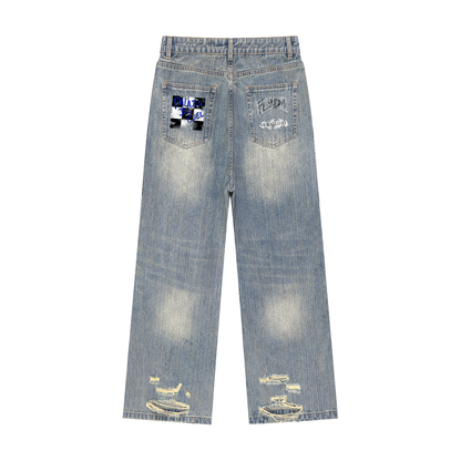 ACID WASH CHECKERBOARD VINTAGE DENIM JEANS