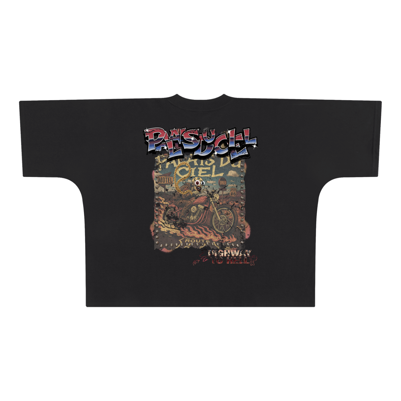 A BLAZING SKELETON ON A MOTORCYCLE / PALAIS DU CIEL BOXY T-SHIRT