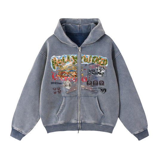 A AWESOME TOUR OF HOLLYWOOD / PALAIS DU CIEL BOXY WASHED ZIP-UP HOODIE