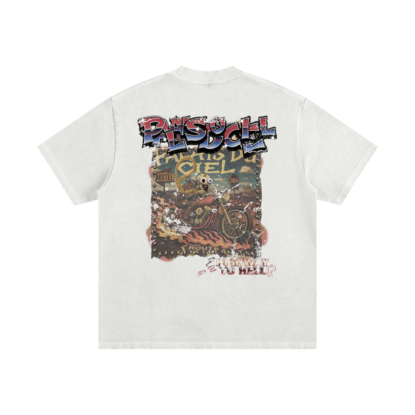 A BLAZING SKELETON ON A MOTORCYCLE / PALAIS DU CIEL T-SHIRT