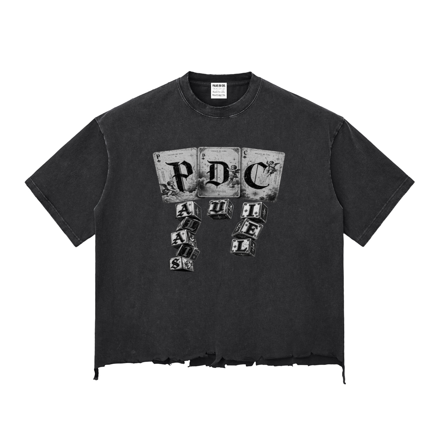 PLAY YOUR PALAIS DU CIEL CARDS RIGHT BOXY DISTRESSED T-SHIRT