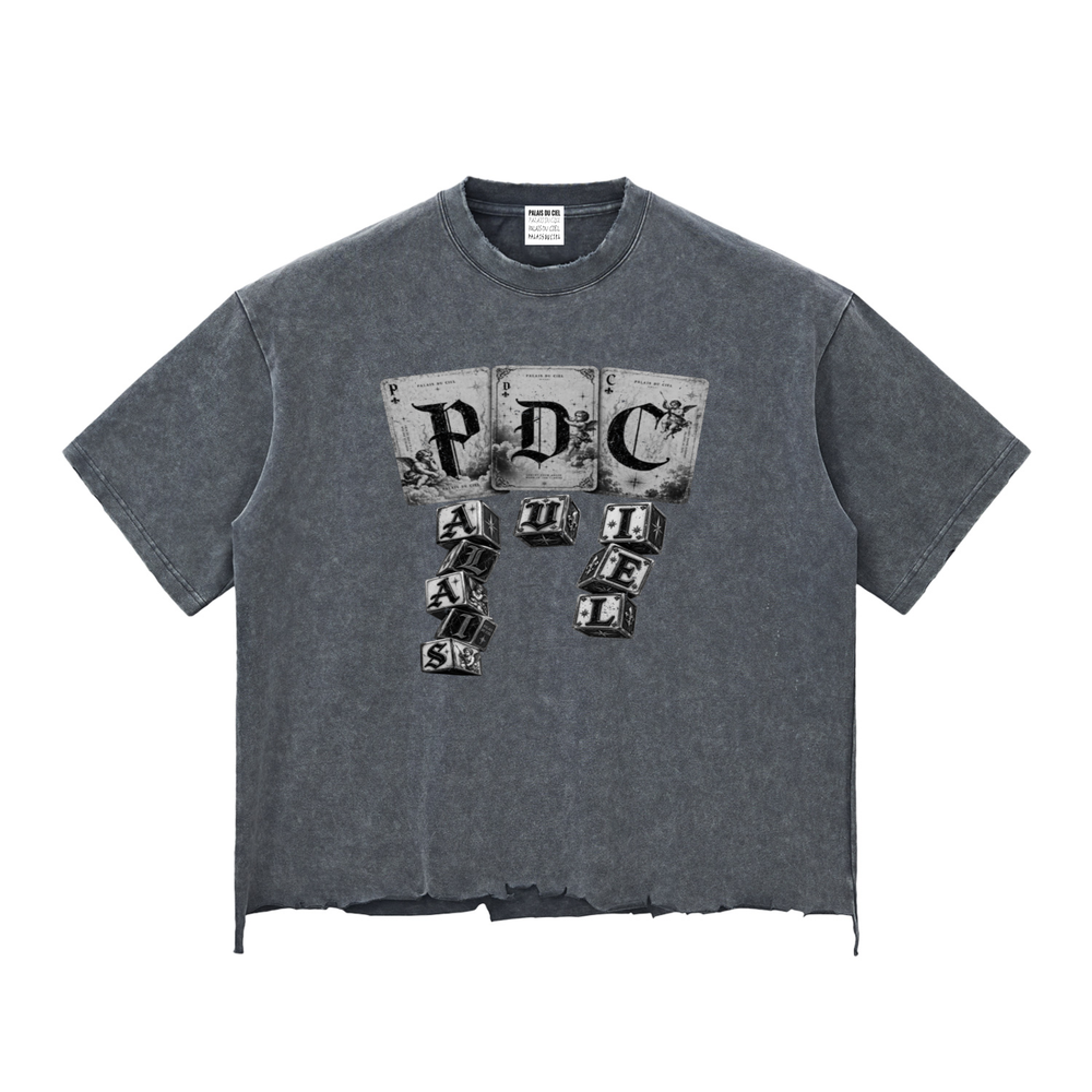PLAY YOUR PALAIS DU CIEL CARDS RIGHT BOXY DISTRESSED T-SHIRT