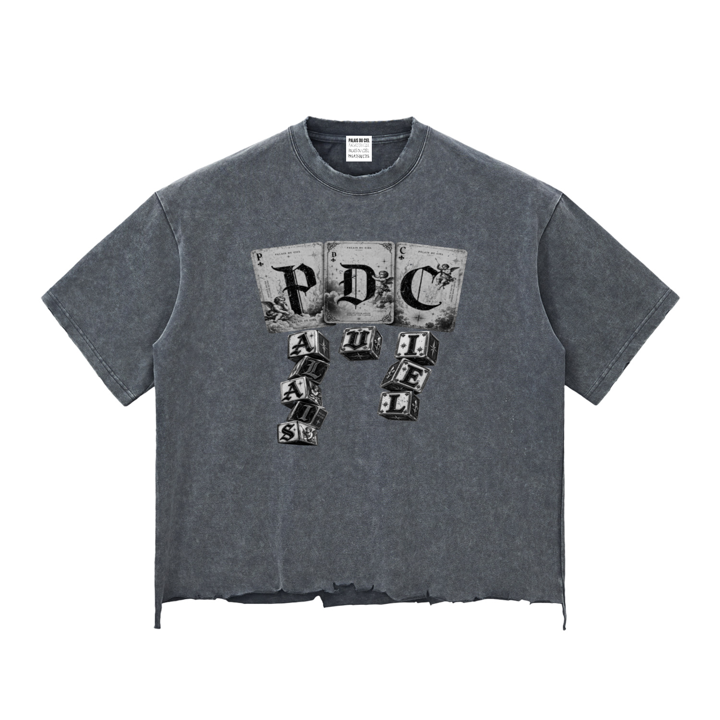 PLAY YOUR PALAIS DU CIEL CARDS RIGHT BOXY DISTRESSED T-SHIRT