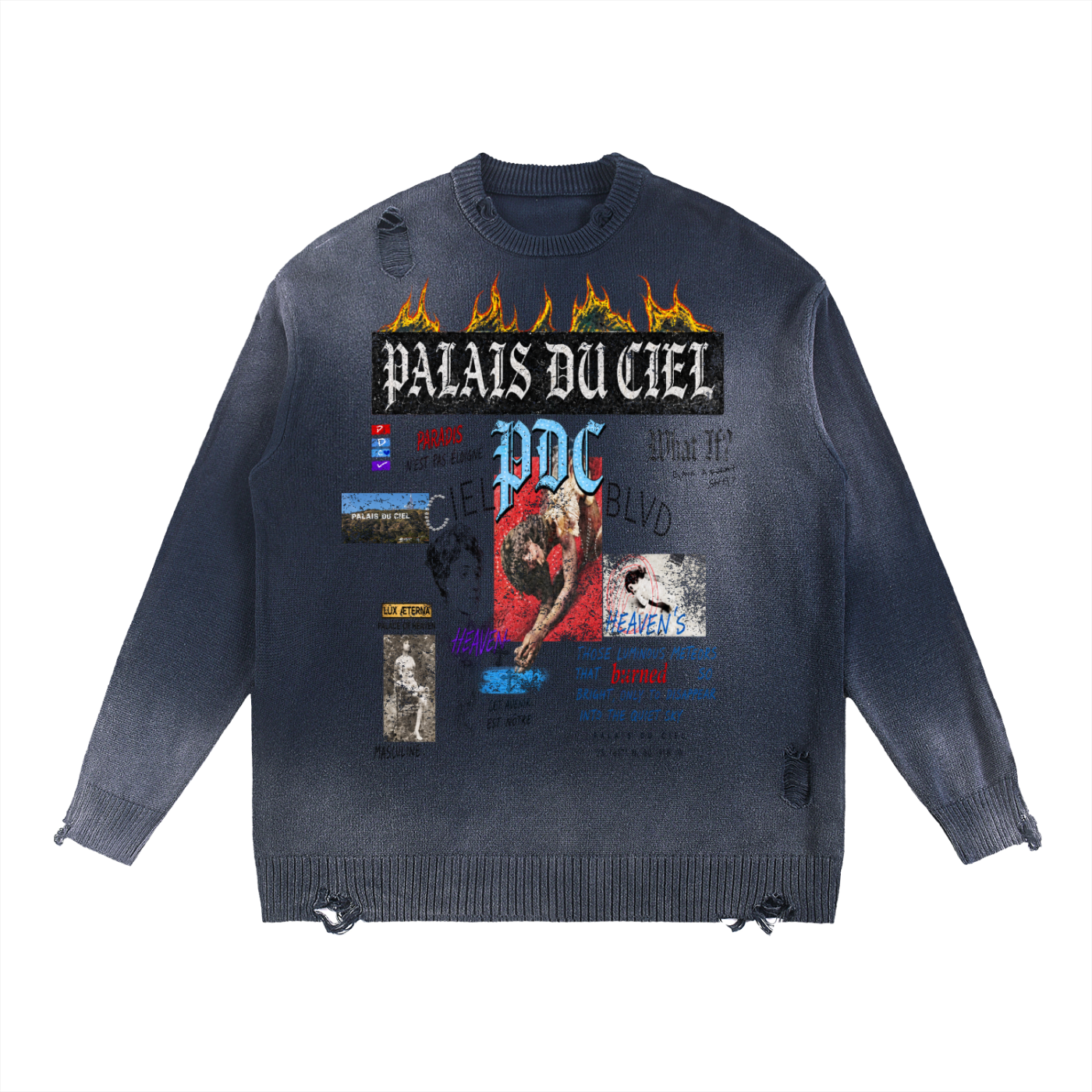 PALACE OF HEAVEN RIPPED CREWNECK SWEATER