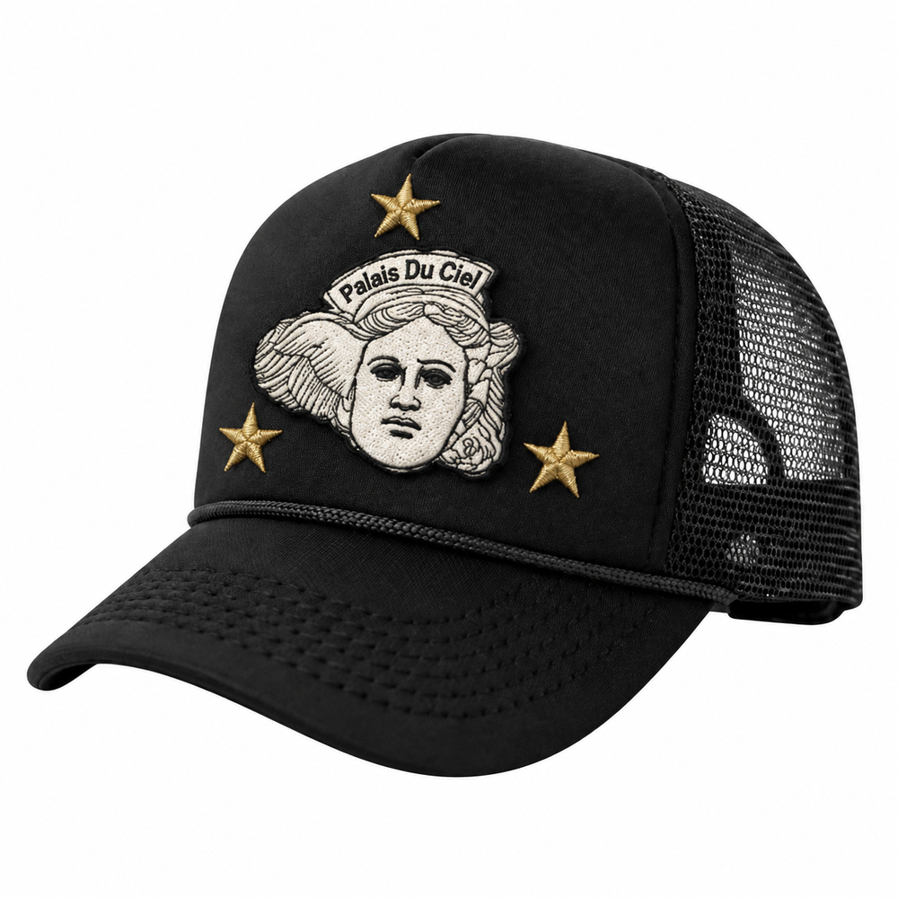 PALAIS DU CIEL black trucker hat on a white square background