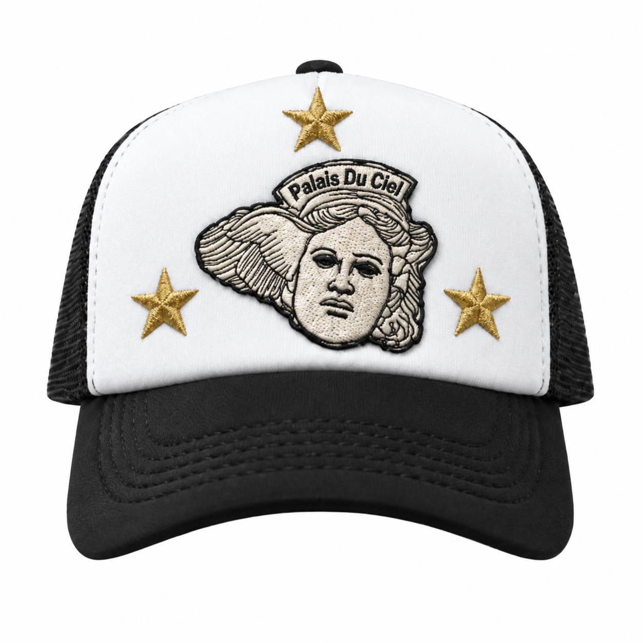 PALAIS DU CIEL black white trucker hat on a white square background