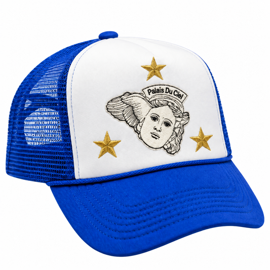 PALAIS DU CIEL blue white trucker hat on a white square background