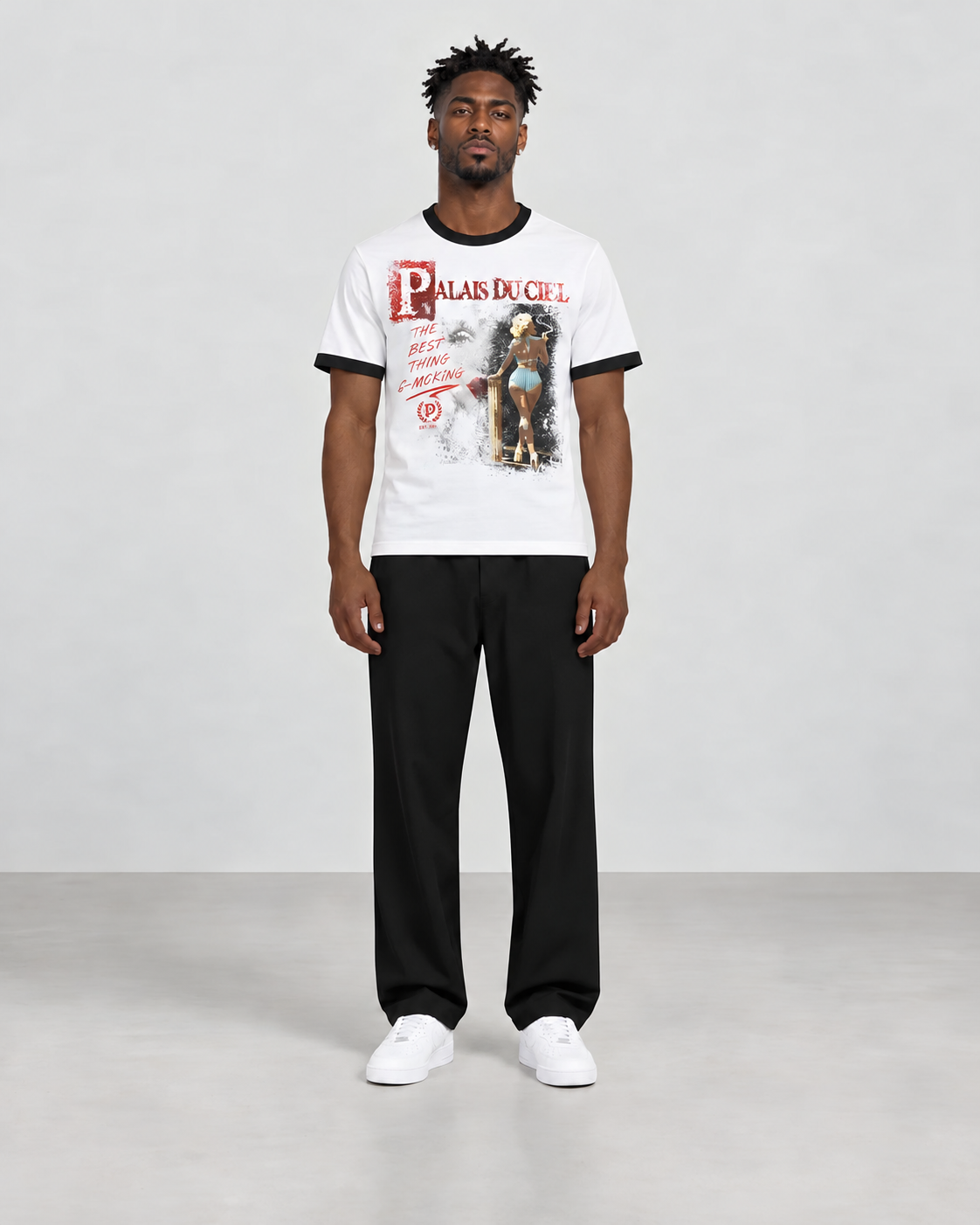 Dollface Ringer T-shirt — AI-generated studio model styling preview