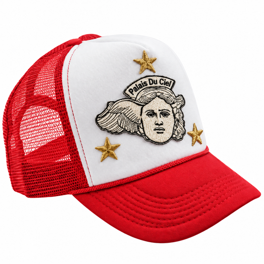 PALAIS DU CIEL red white trucker hat on a white square background
