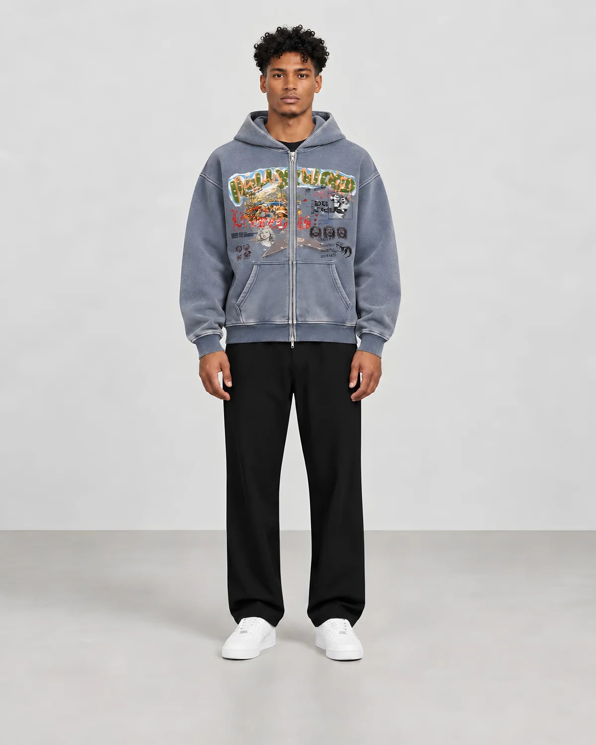 tour of hollywood boxy washed zip up hoodie — AI-generated model styling preview