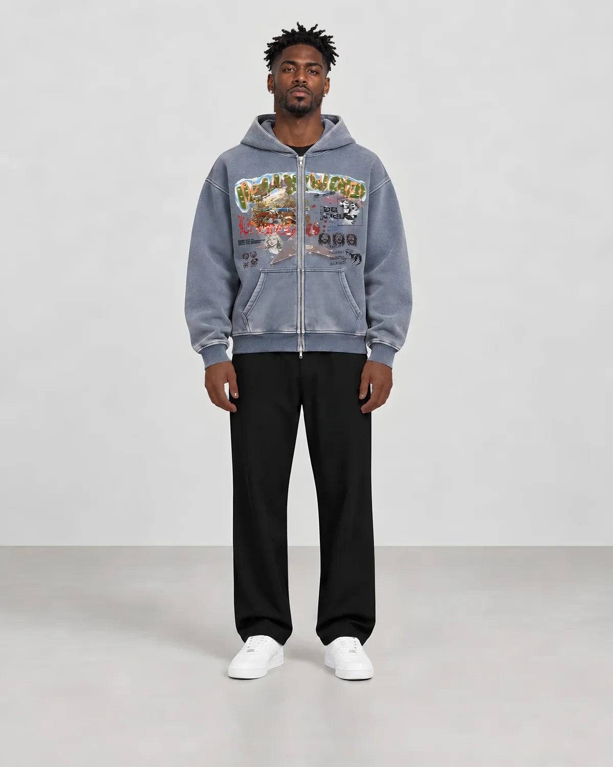 Tour of Hollywood zip hoodie — corrected-neck studio model preview